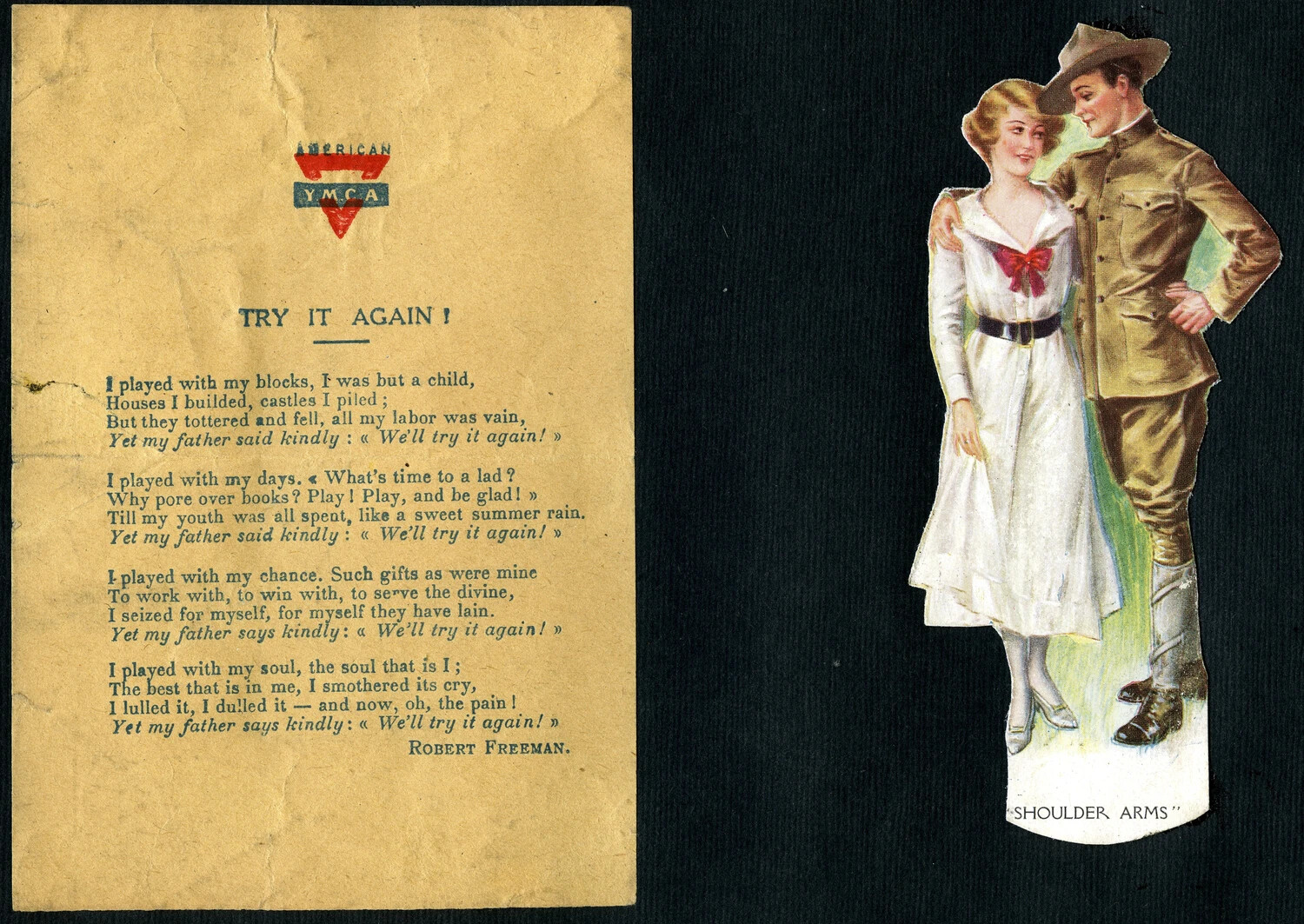 American YMCA Devotional Card and 'Shoulder Arms' Doughboy-and-Sweetheart Die-Cut, WWI Era