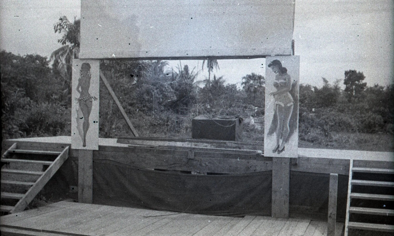 Rear View of Outdoor Camp Movie Screen with Pin-Up Artwork, Luzon, Philippines, World War II