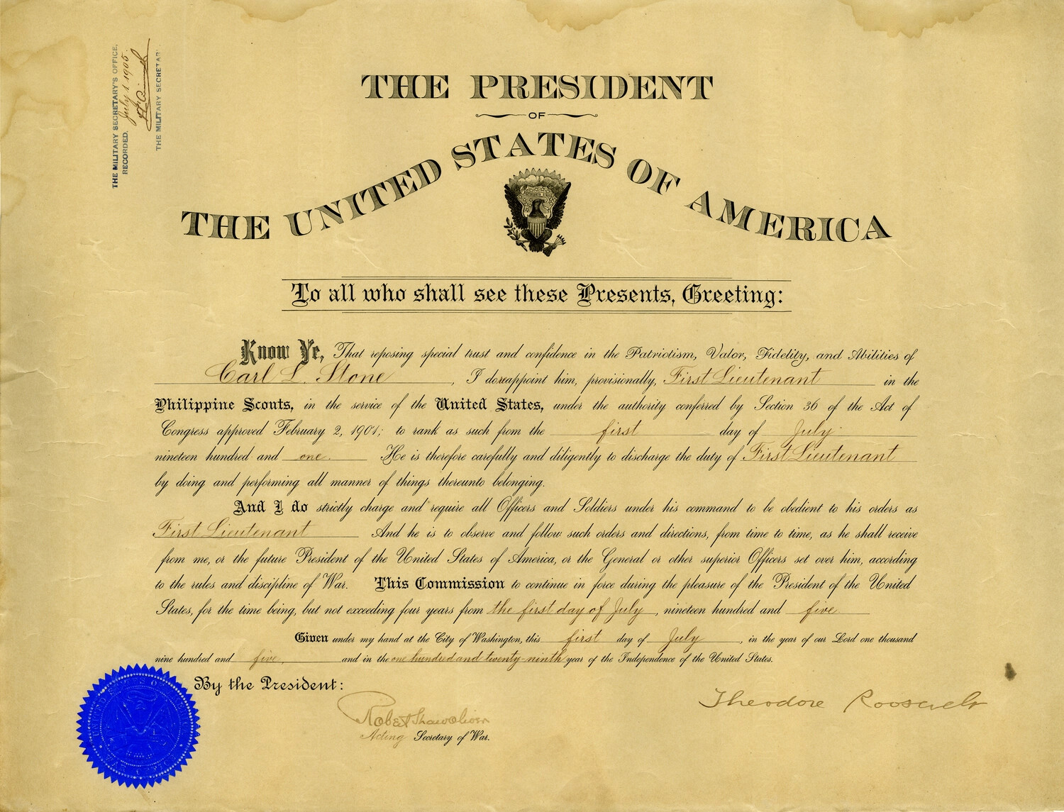 Presidential Military Commission of Carl L. Stone, First Lieutenant, Philippine Scouts (1905, signed by Theodore Roosevelt)