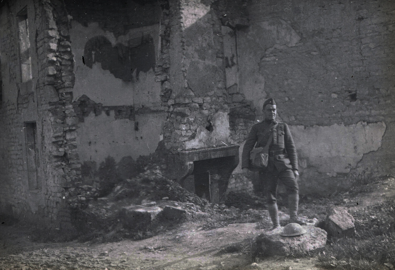 British Officer Amid Ruins of a Shelled House, France, World War I