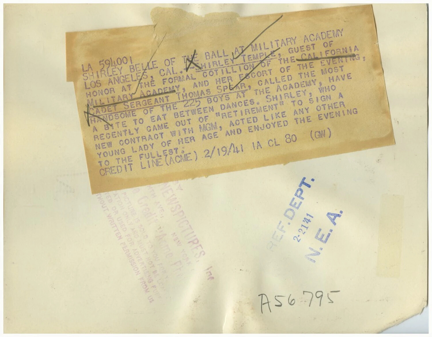 Verso of ACME Wire Photo: Original Caption Slip for Shirley Temple at California Military Academy Cotillion, February 1941