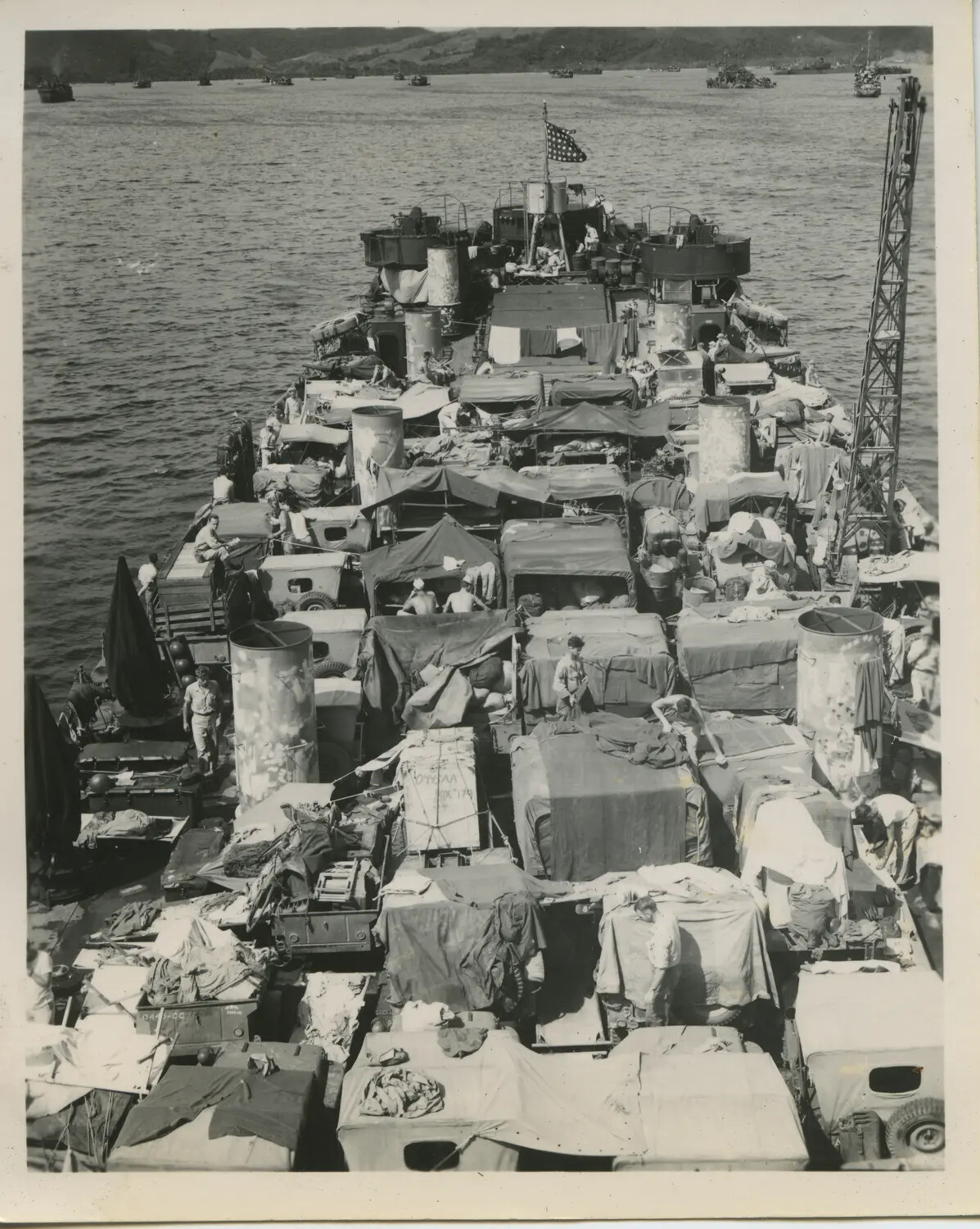 Elevated View of Packed LST Deck Underway, 312th Bombardment Group Convoy, November 1944
