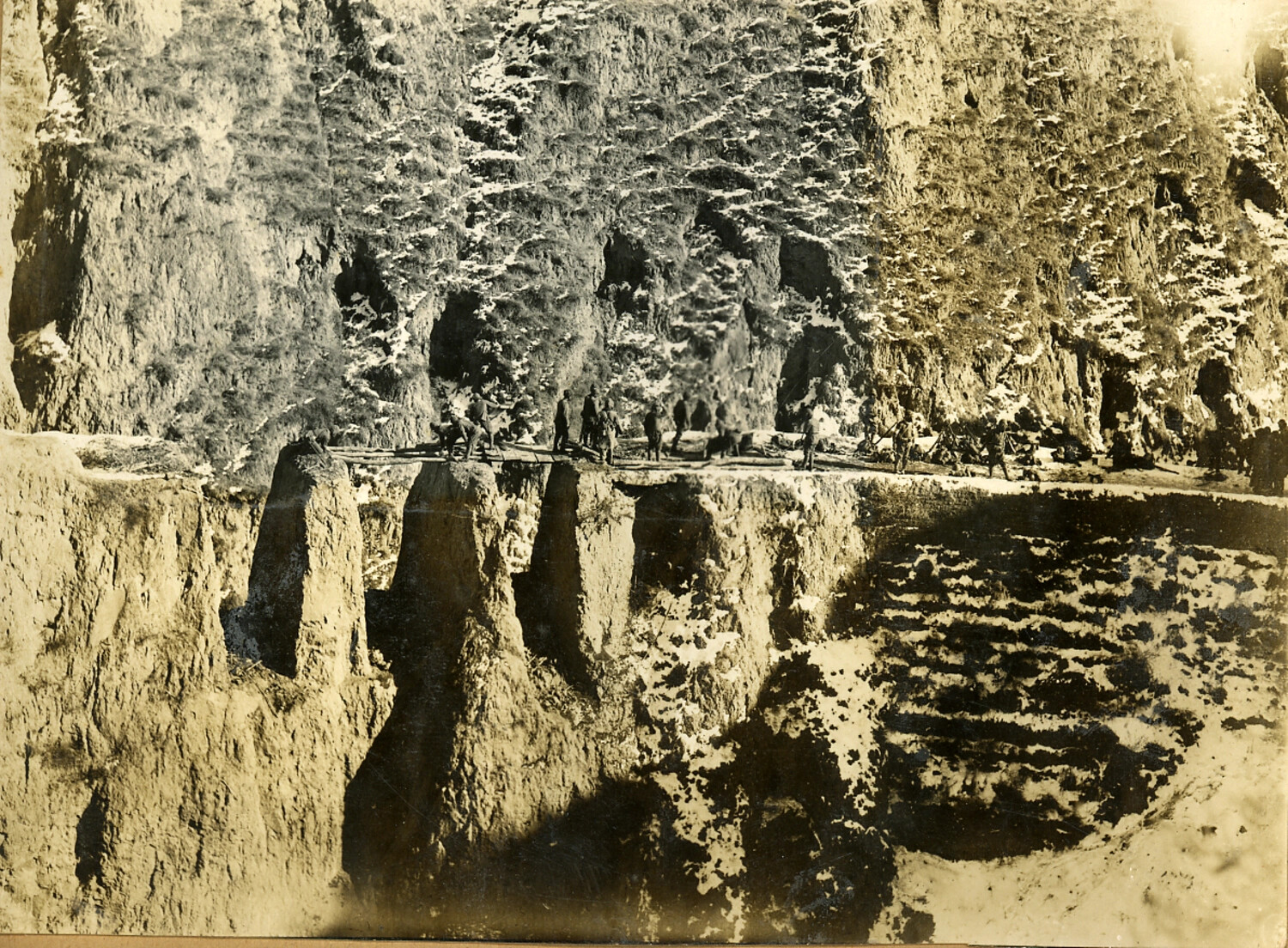 Japanese Army Column Crossing Narrow Ridge Path in Eroded Loess Terrain, North China Campaign, WWII Era
