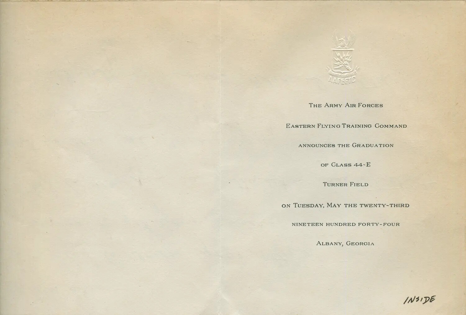 Army Air Forces Eastern Flying Training Command Graduation Announcement, Class 44-E, Turner Field, 1944