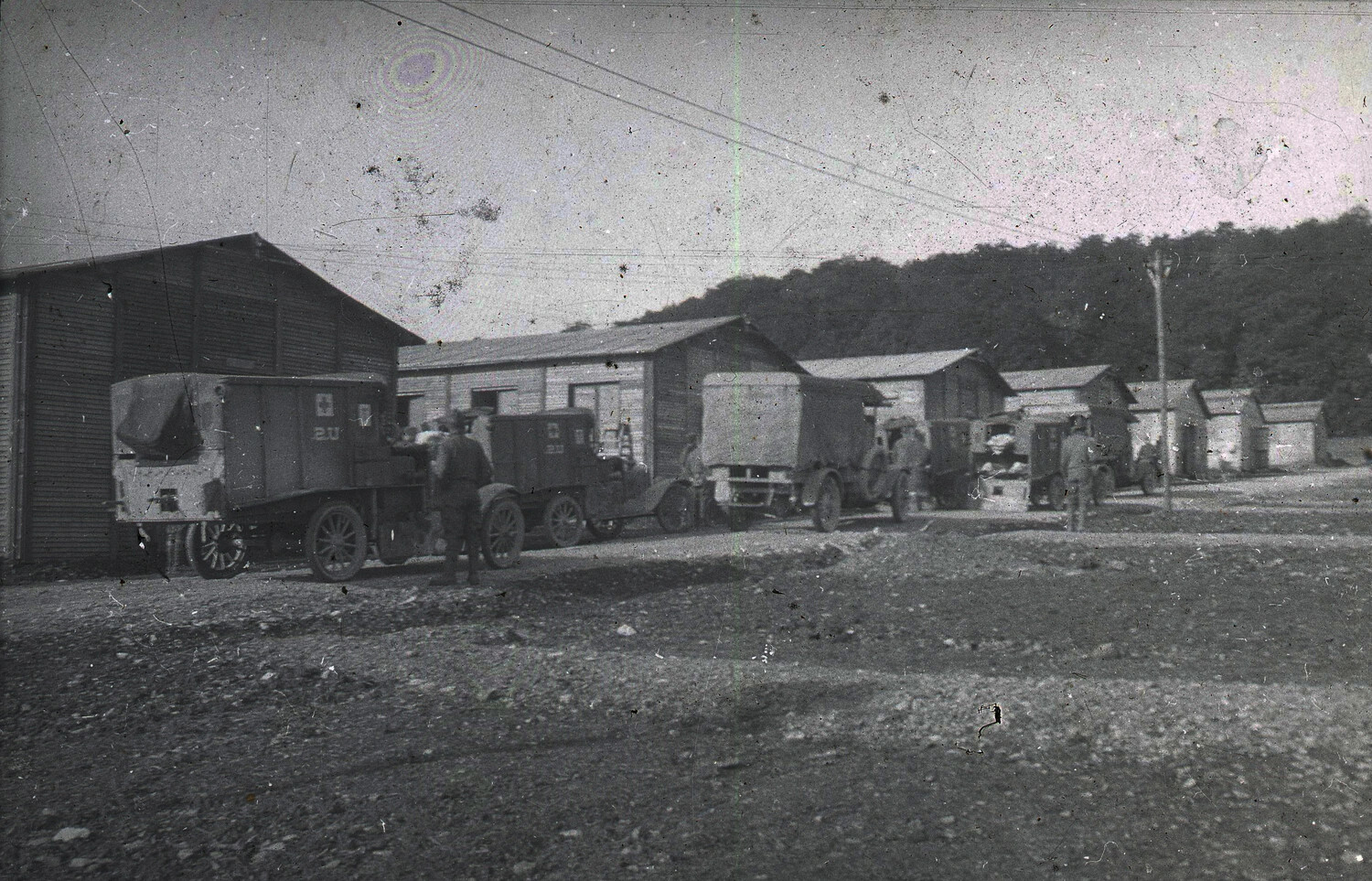 WWI Motor Transport / Ambulance Column at Encampment, France
