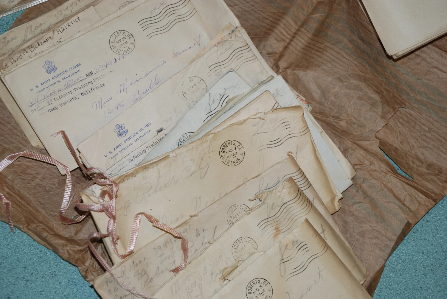 Bundle of 1945 Camp Roberts, California Army Training Camp Correspondence, Tied with Ribbon