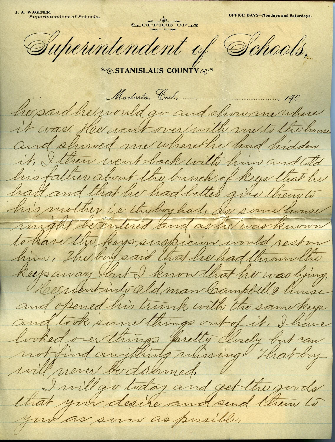 Handwritten Letter from J.A. Wagener, Superintendent of Schools, Stanislaus County, California, 1900