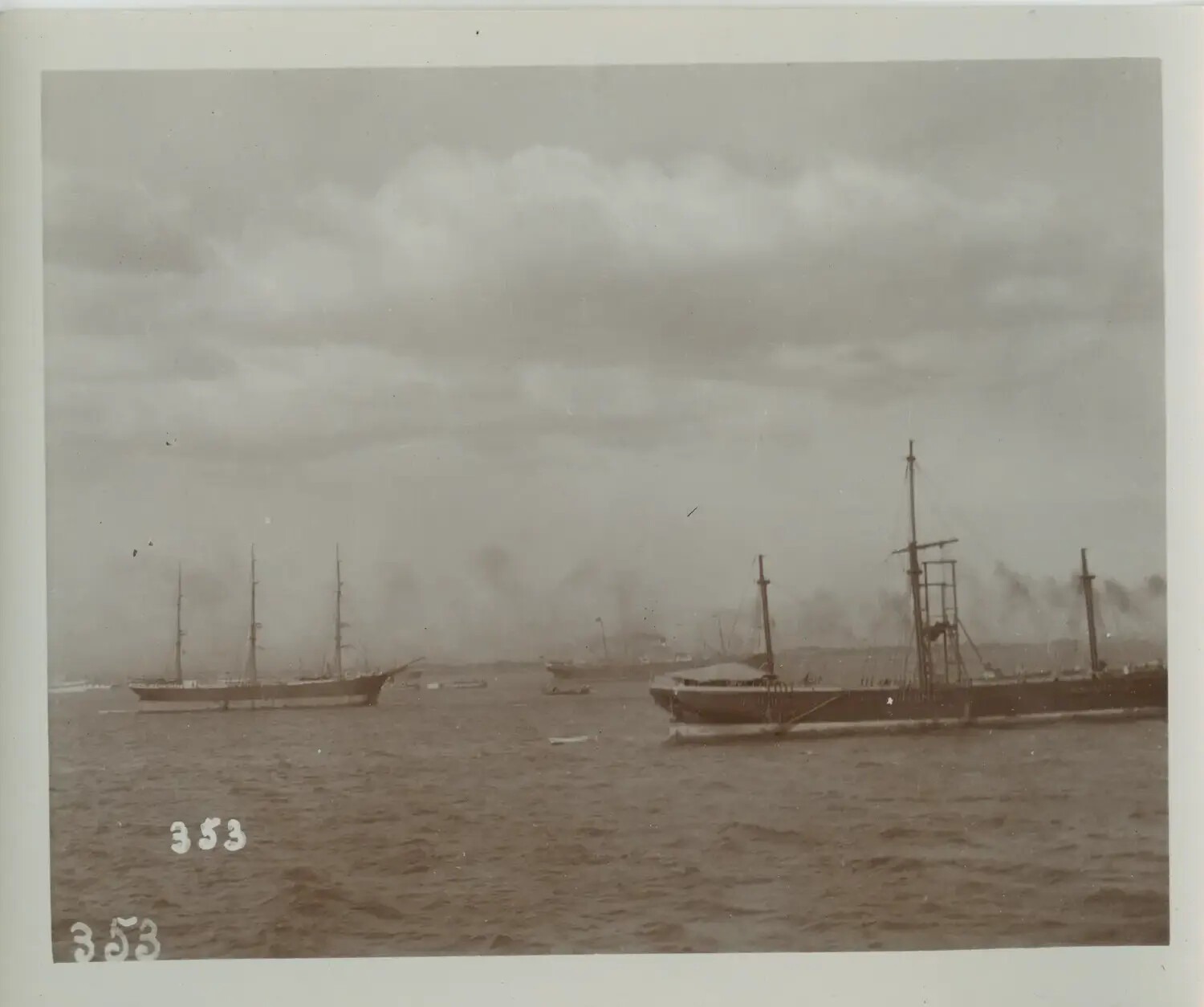 Naval Vessel and Schooner at Anchor, Manila Bay, Philippines, c. 1890s