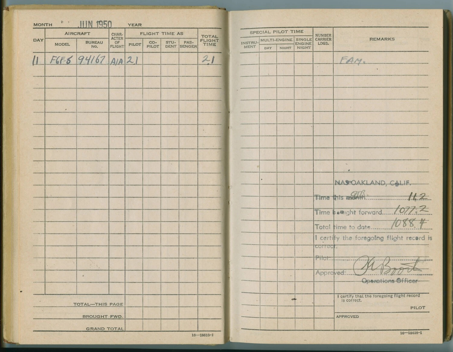 Aviator's Flight Log Book Page, June 1950 — F6F-6 Hellcat Flight, NAS Oakland