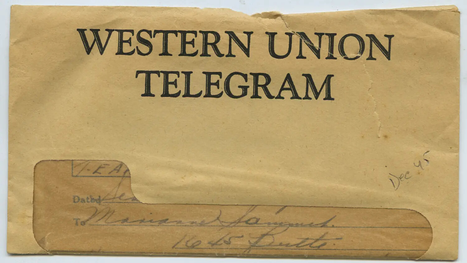 Western Union Telegram Envelope Addressed to Marianne Sammiet, December 1945