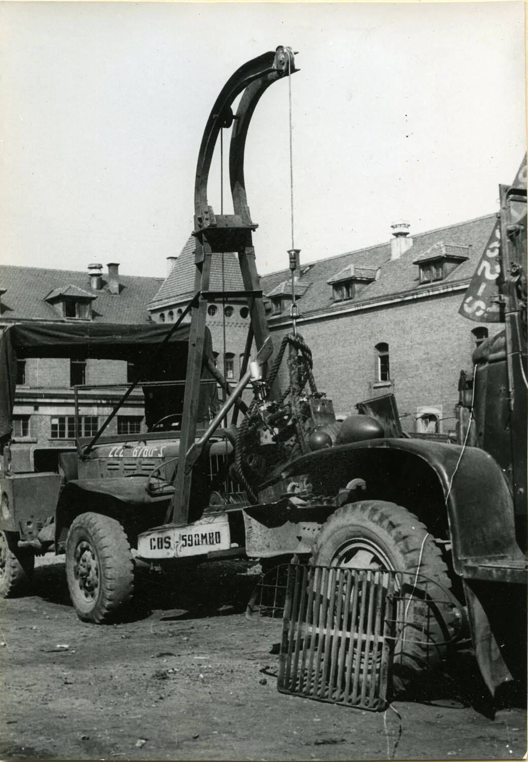 Jeep-Mounted Engine Hoist at U.S. Army Motor Pool, Germany