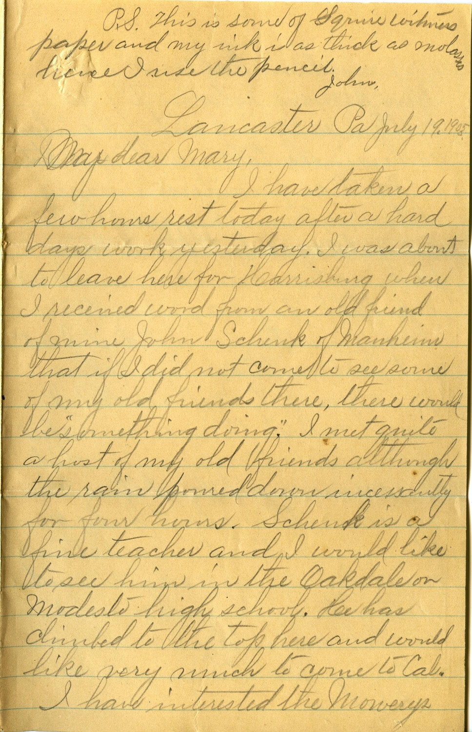 Handwritten Letter, Lancaster, Pennsylvania, July 19, 1905 (Wagener Family Correspondence)