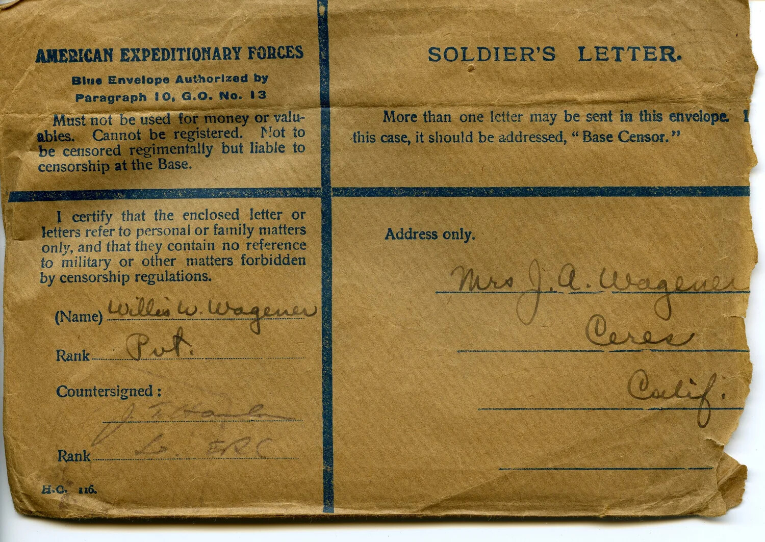 WWI American Expeditionary Forces 'Soldier's Letter' (Blue Envelope) Addressed to Mrs. J. A. Wagener, Ceres, California