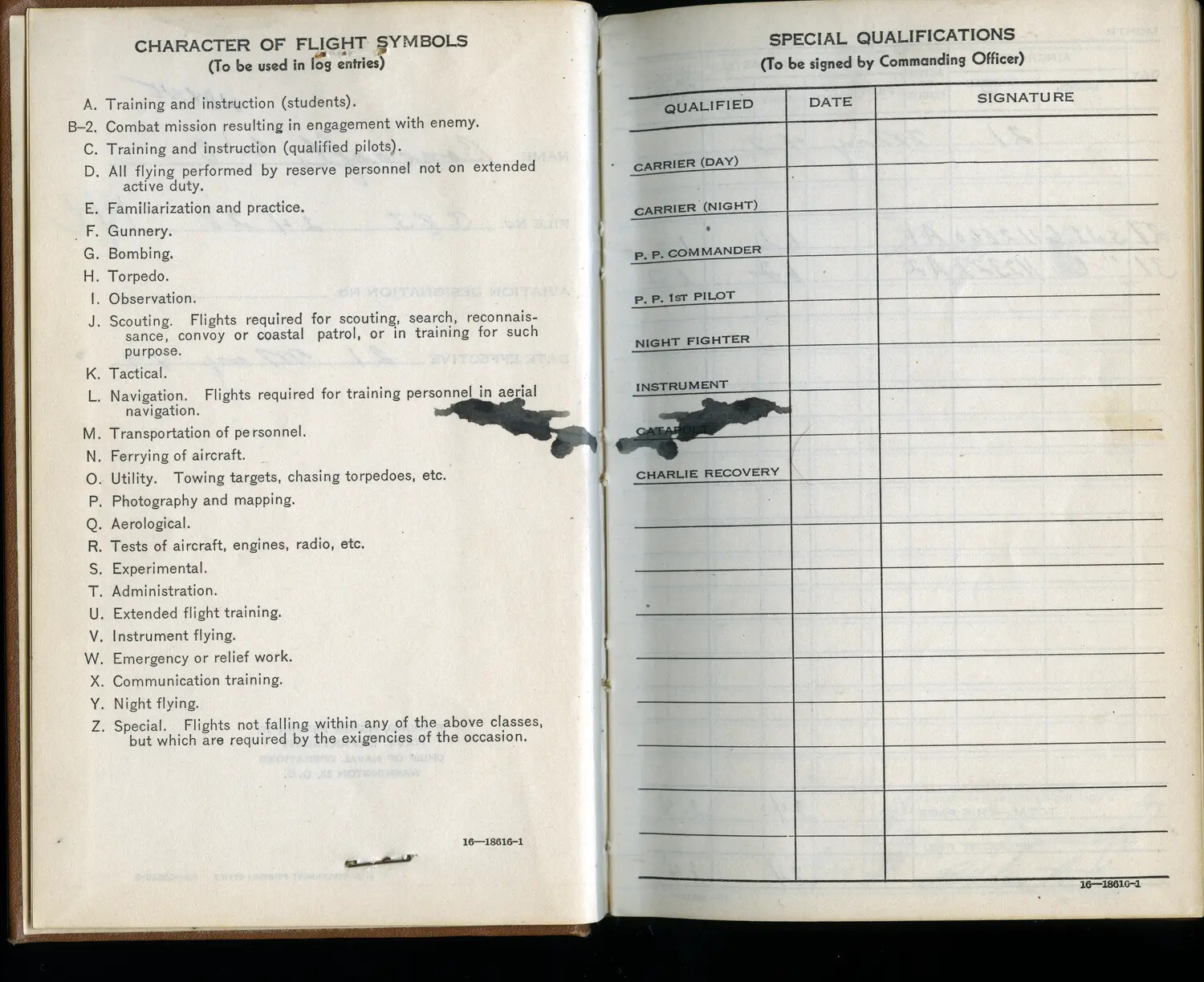 Naval Aviator Logbook Reference Pages — Character of Flight Symbols & Special Qualifications, Wayne Bancroft Sr. Collection