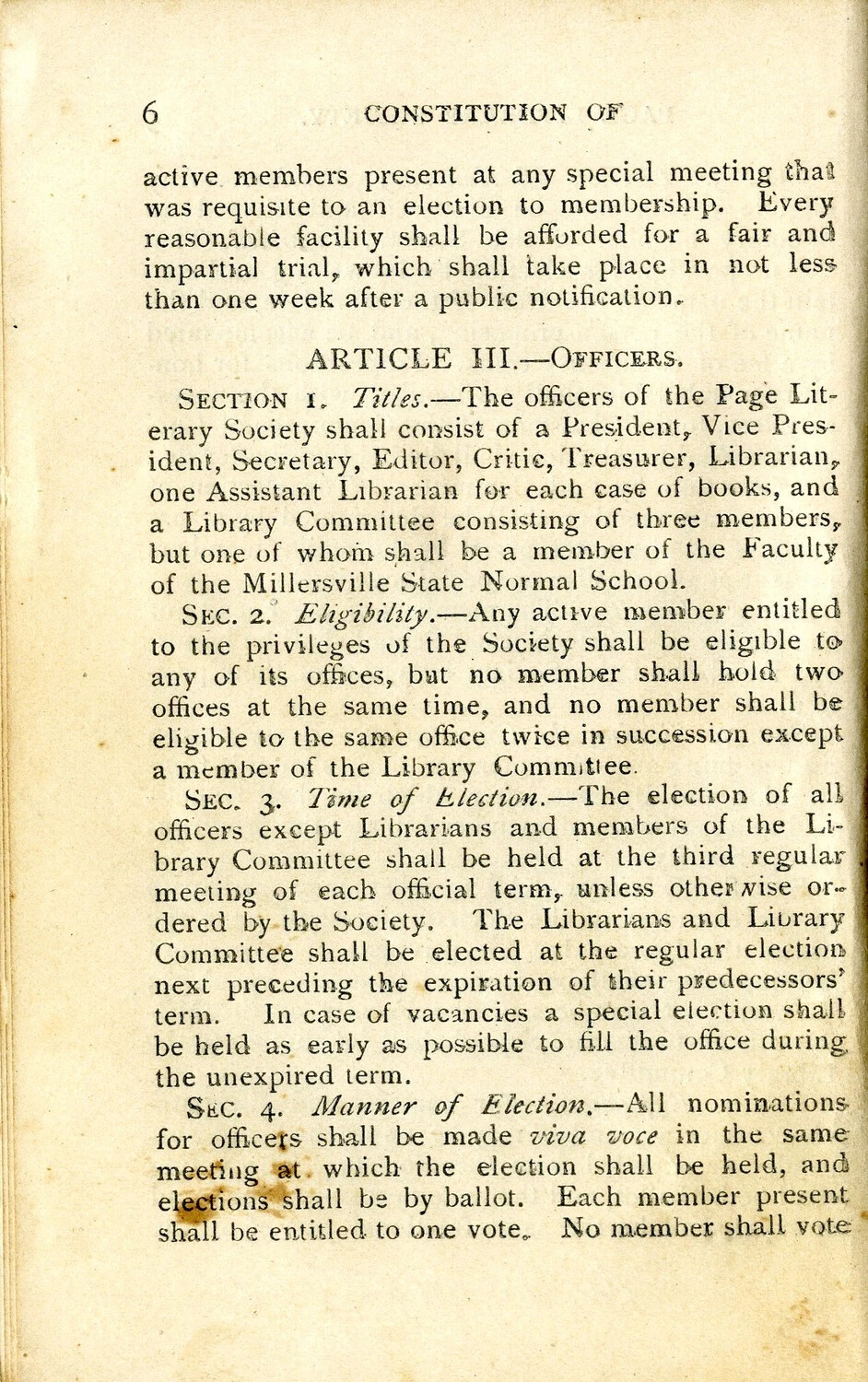 Page 6, Constitution of the Page Literary Society, Millersville State Normal School - Wagener Collection