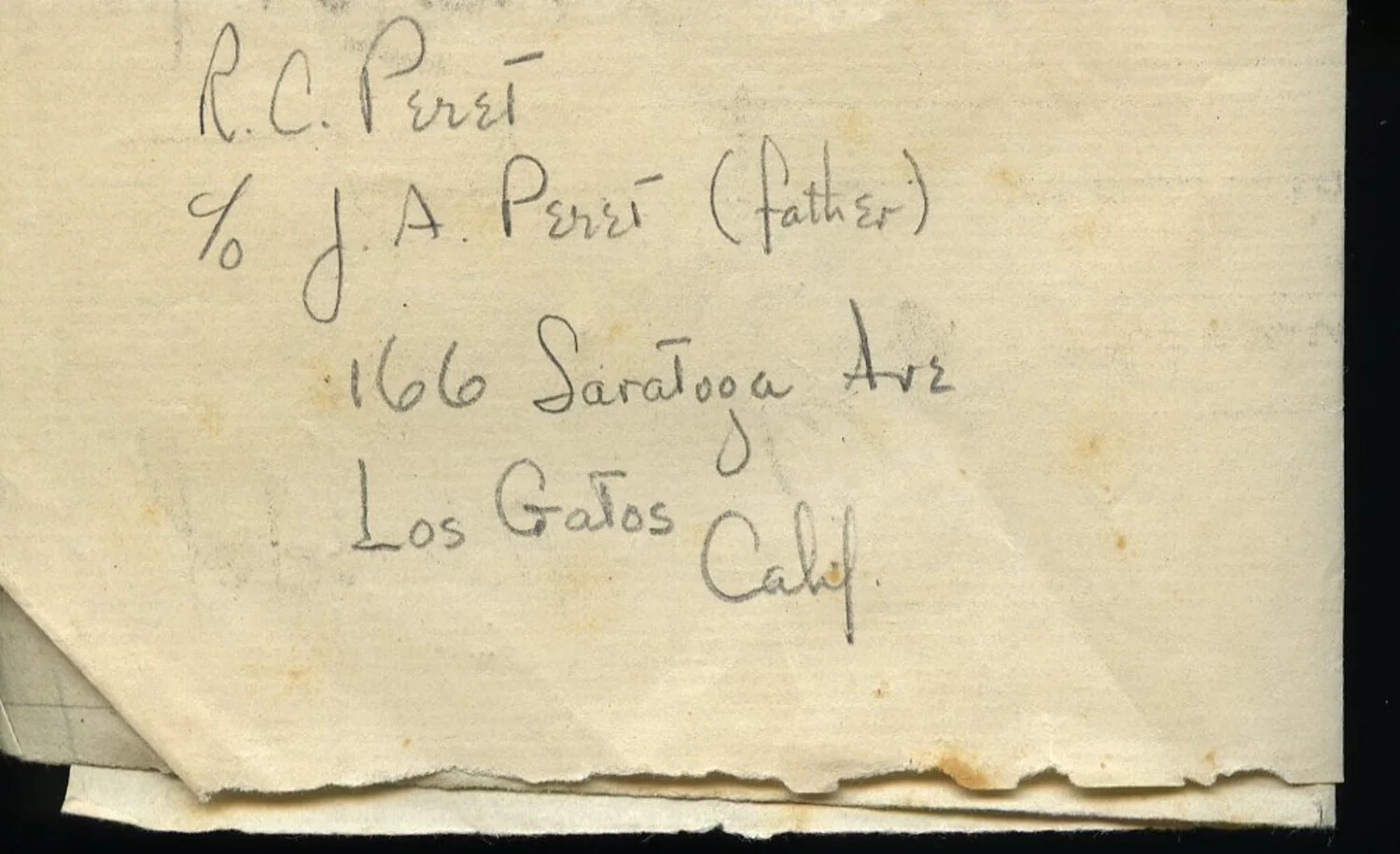 WWII CBI Theater Ephemera – Handwritten Address Note for R. C. Peret, Los Gatos, California