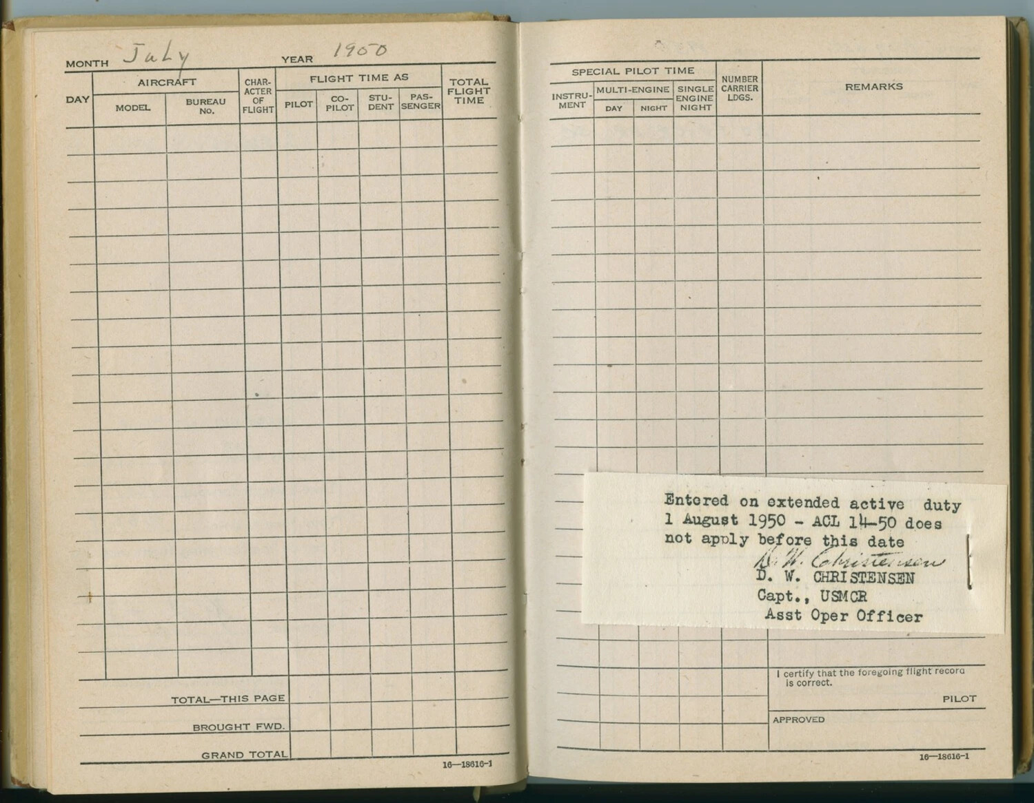 Pilot Flight Log Book Page — July 1950, Pat McAleer, USMCR