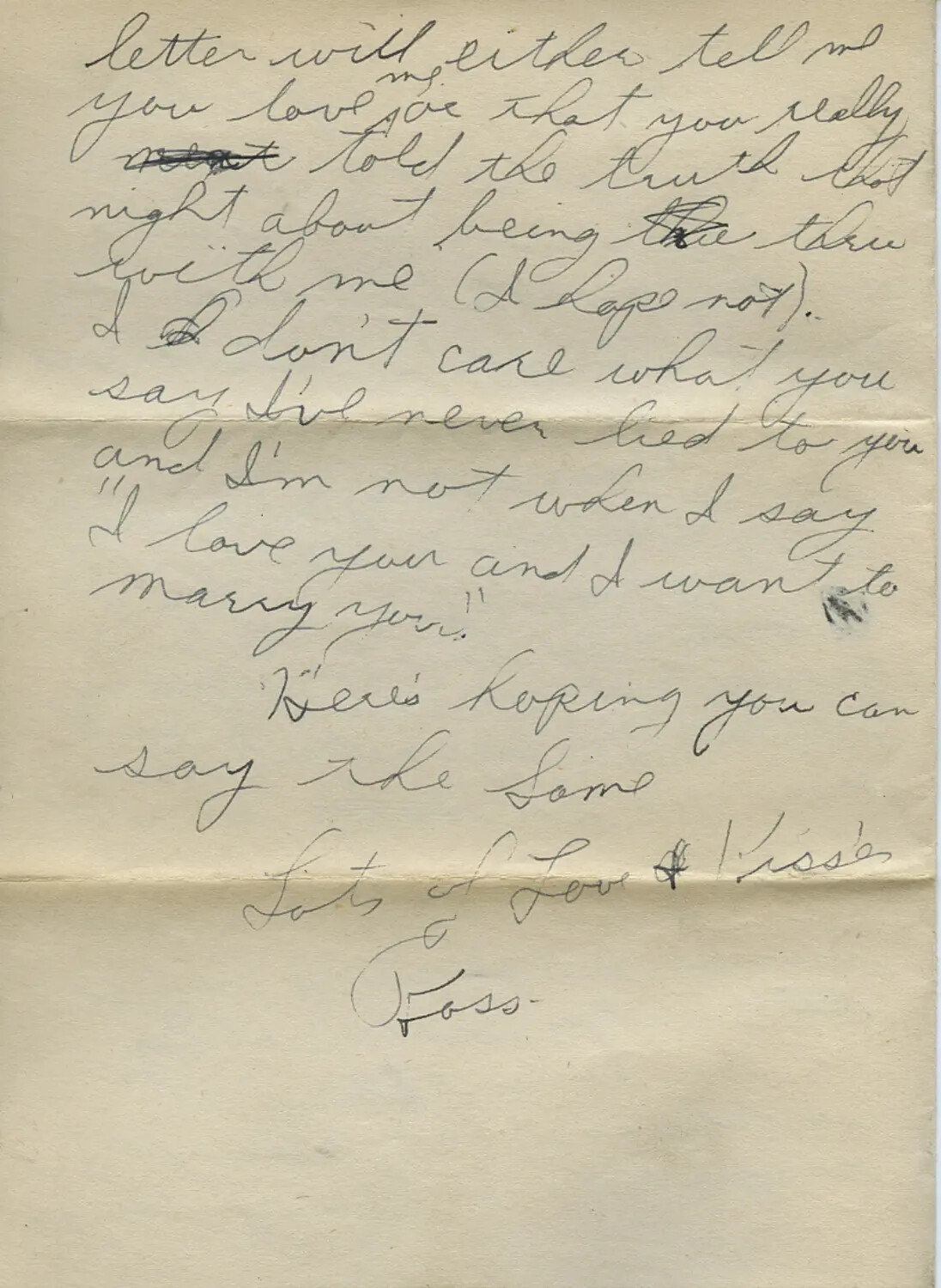 Handwritten Love Letter Closing, Signed 'Foss,' Moon Sammiet WWII Letters Collection