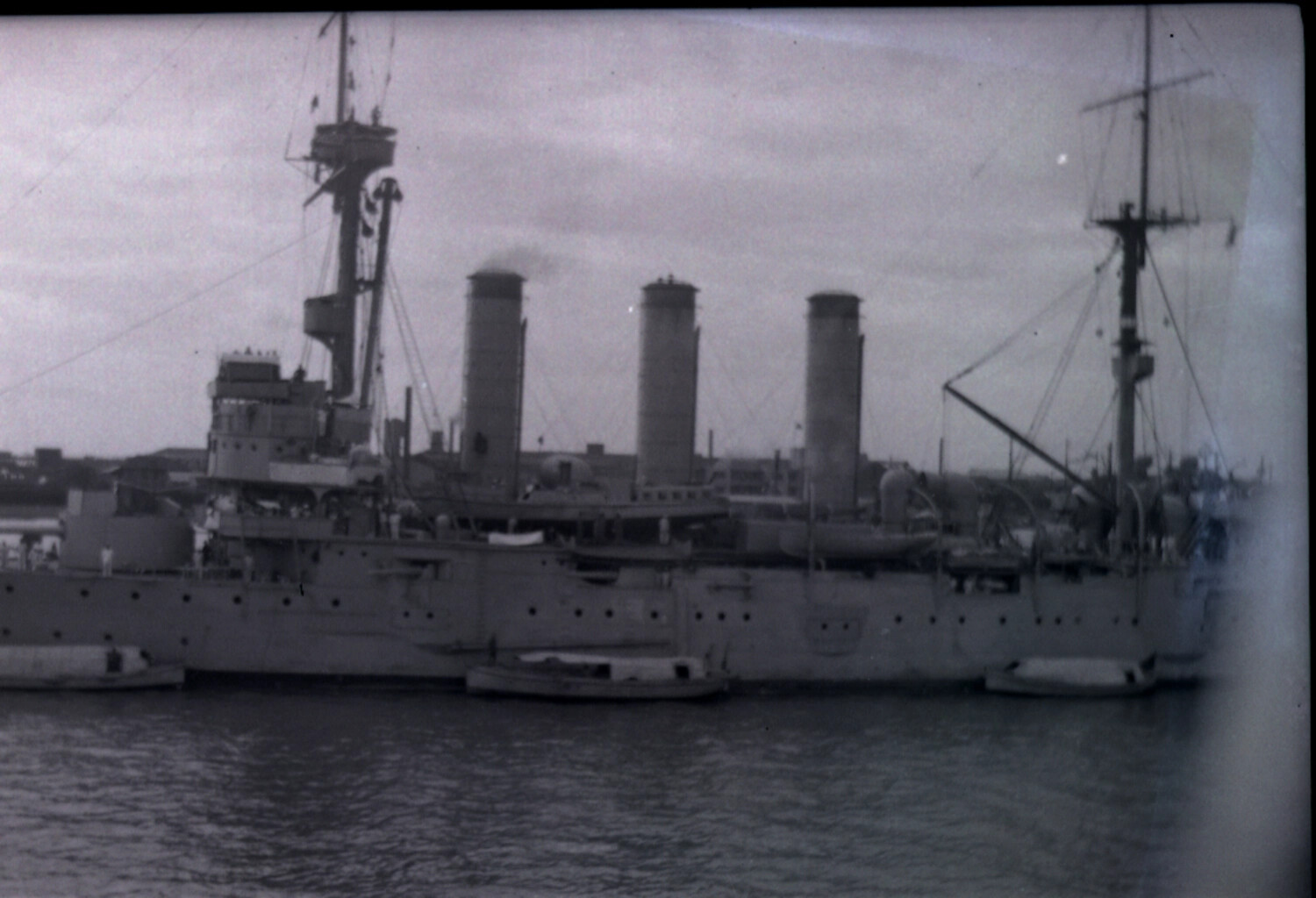 Three-Funnel Cruiser at Anchor, Likely U.S. Asiatic Fleet, China Station