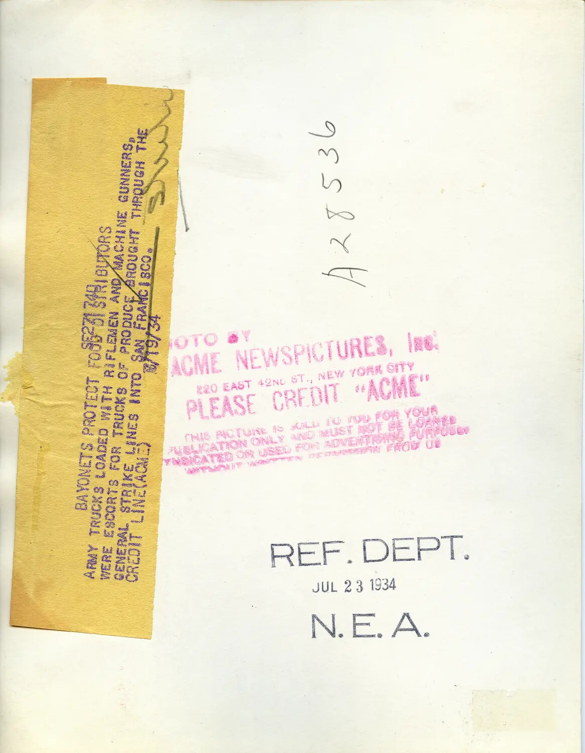 Verso of ACME Wire Photo Caption - 'Bayonets Protect Food Distributors,' San Francisco General Strike, July 1934