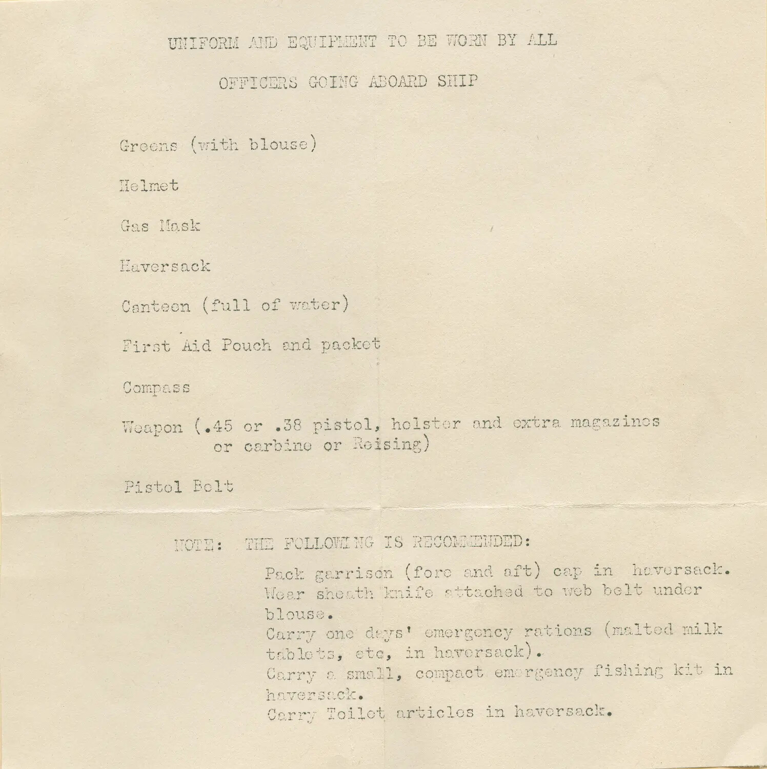 Typewritten Equipment Checklist: "Uniform and Equipment to be Worn by All Officers Going Aboard Ship"