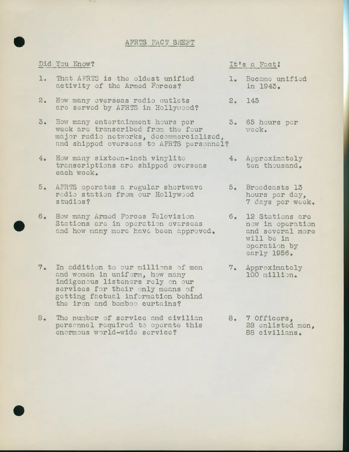 AFRTS Fact Sheet, Armed Forces Radio and Television Service (circa 1955)