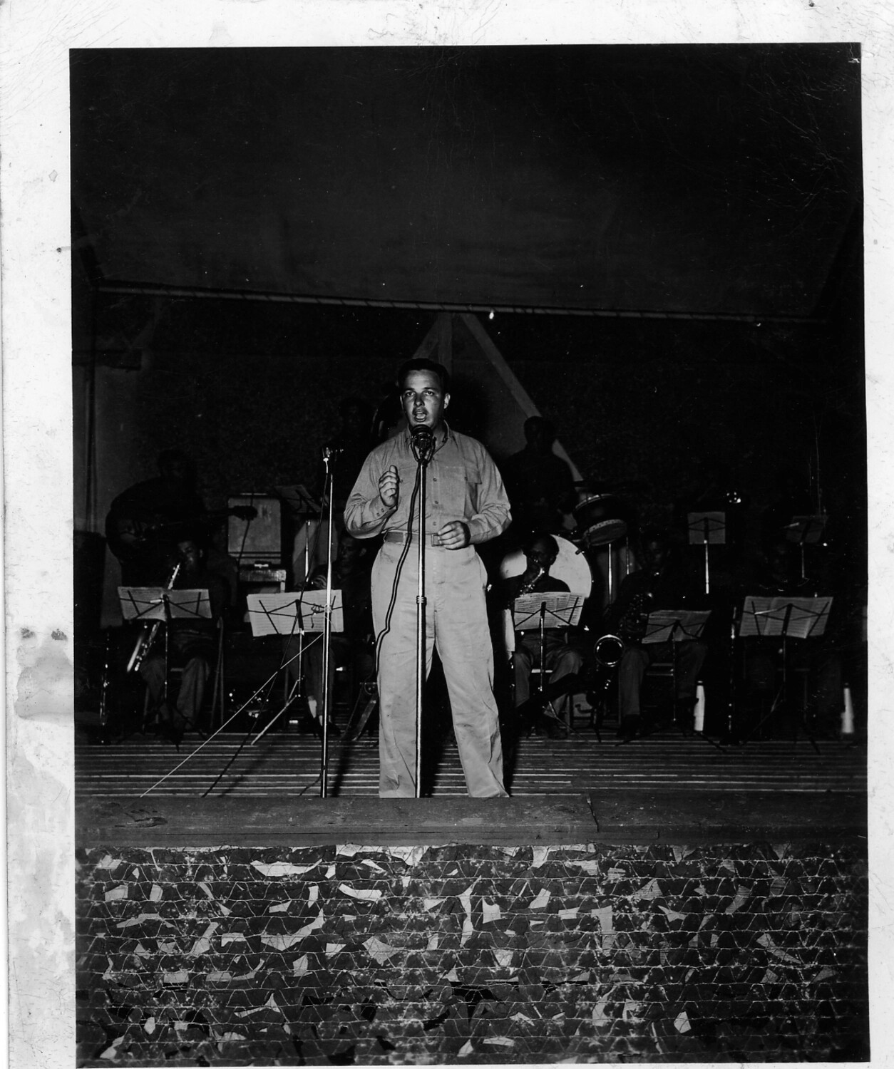 GI Vocalist Performs with Camp Band, WWII Photo Album 447