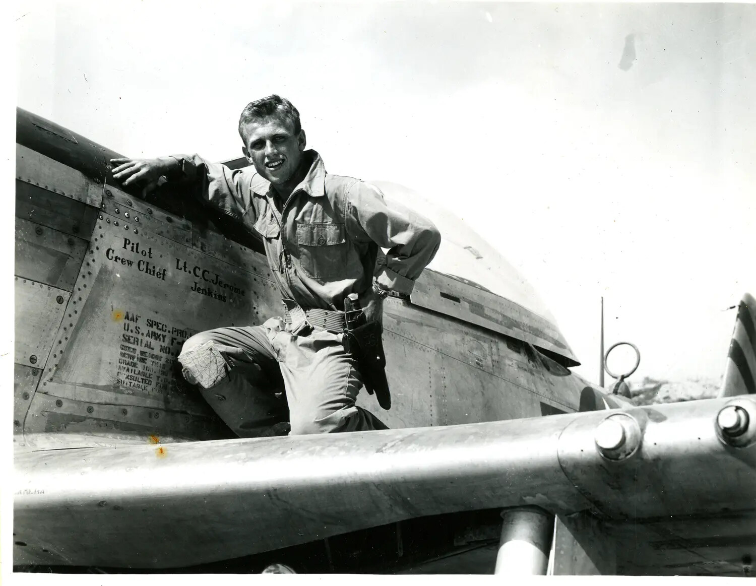 USAAF Fighter Pilot Lt. C.C. Jerome Posed on Aircraft Wing, China-Burma-India Theater, WWII