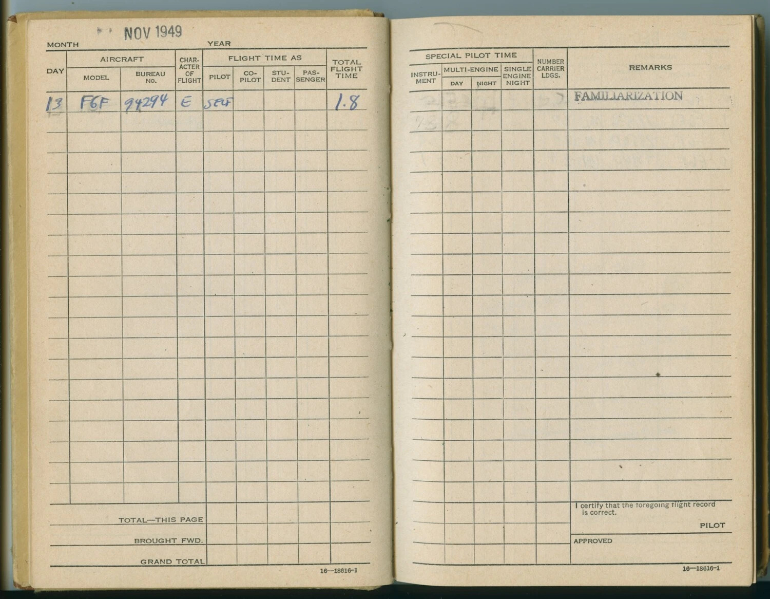 Pilot Flight Logbook Page, November 1949 — F6F Hellcat Familiarization Flight, Pat McAleer Collection