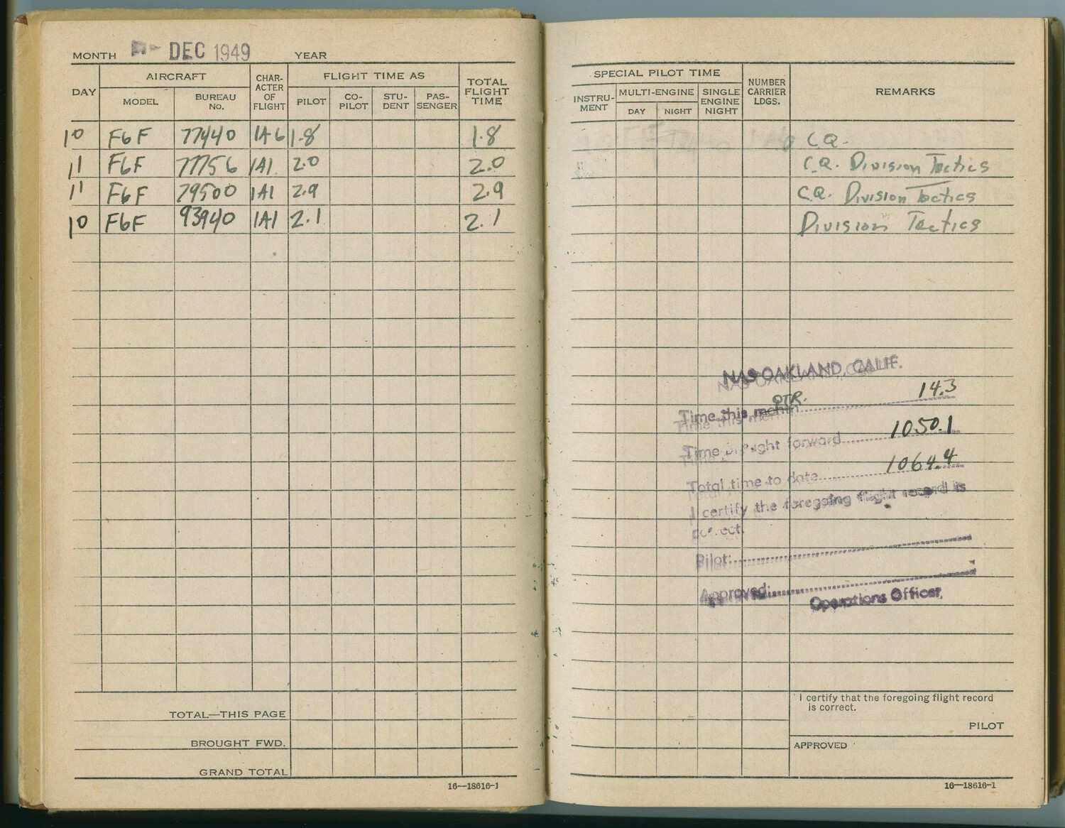 U.S. Navy Pilot Flight Log Book, F6F Hellcat Training Entries, December 1949 (McAleer Collection)