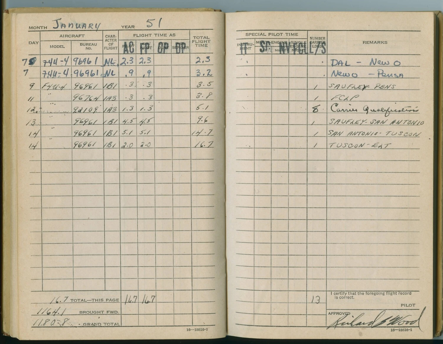 Pat McAleer Pilot Flight Logbook, January 1951 — F4U-4 Corsair Flights and Carrier Qualifications