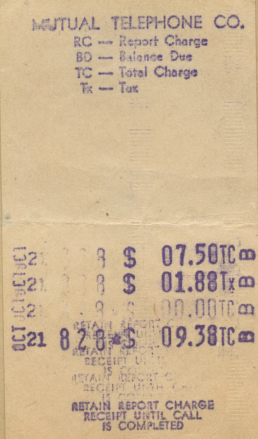 Mutual Telephone Company Toll/Report Charge Receipt