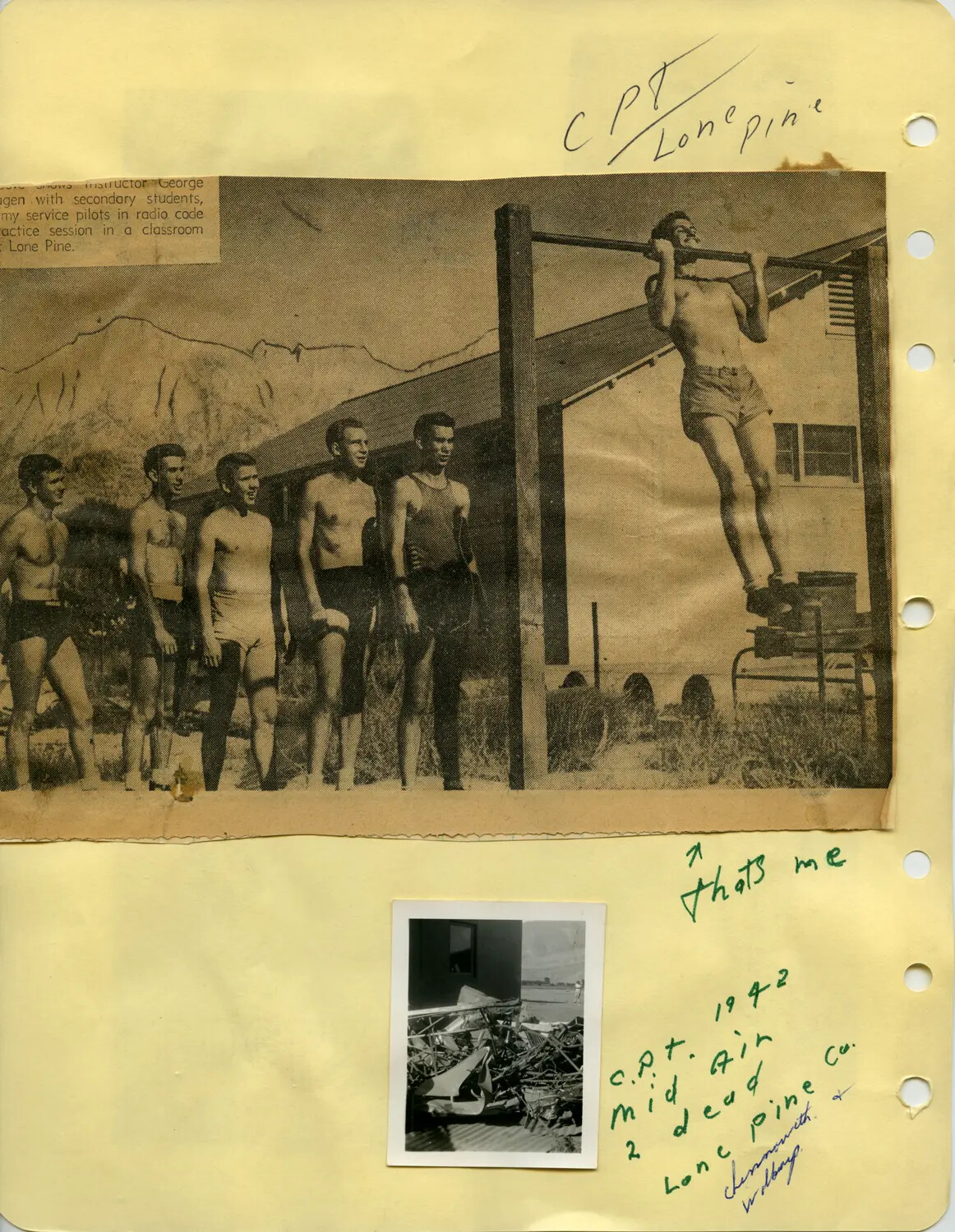 Scrapbook Page — Civilian Pilot Training (CPT) Program, Lone Pine, California, 1942, with Mid-Air Collision Wreckage Photo