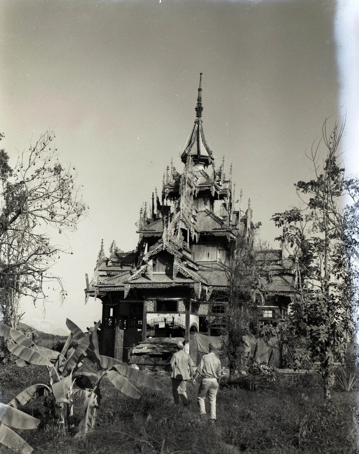 American Servicemen Approaching a Burmese Monastery — CBI Theater, WWII