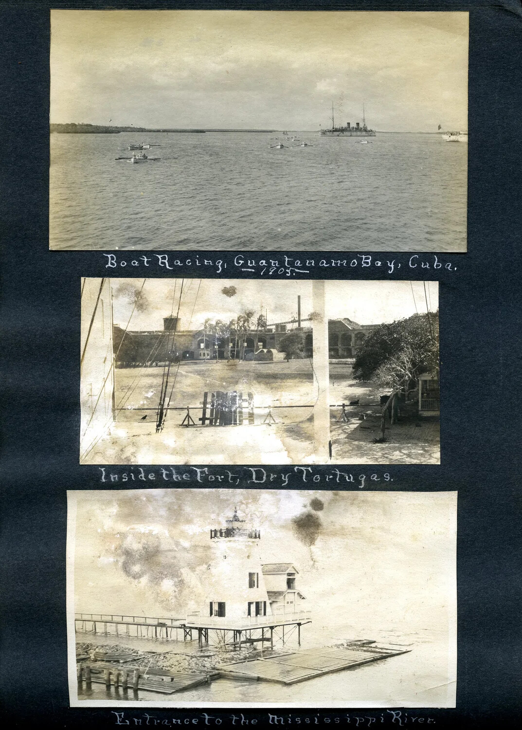 Album Page: Boat Racing at Guantanamo Bay (1905), Fort Jefferson Interior, and Mississippi River Entrance Lighthouse