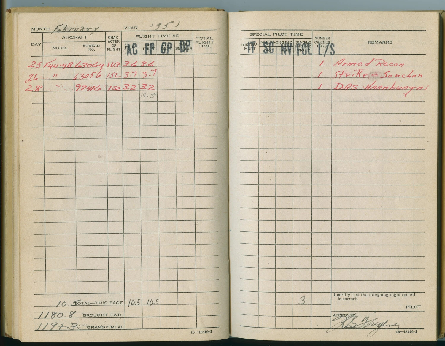 F4U-4B Corsair Combat Flight Log Entries, February 1951 - Pat McAleer Korean War Log Book