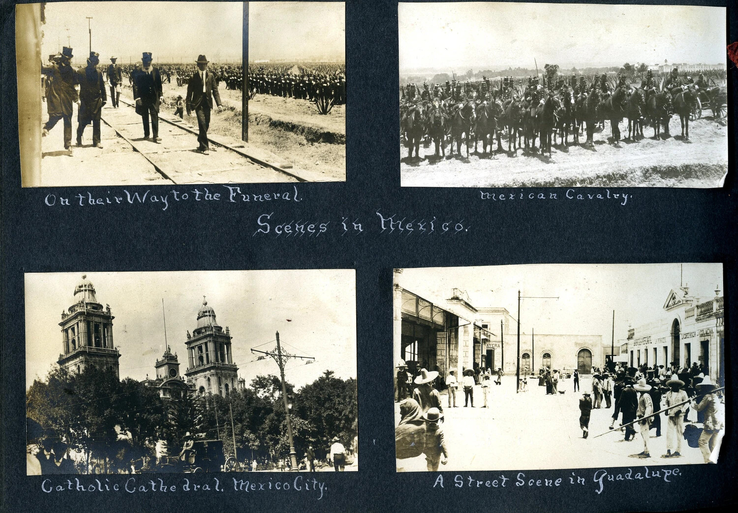 Album Page: Funeral Procession, Mexican Cavalry, and Street Scenes in Mexico