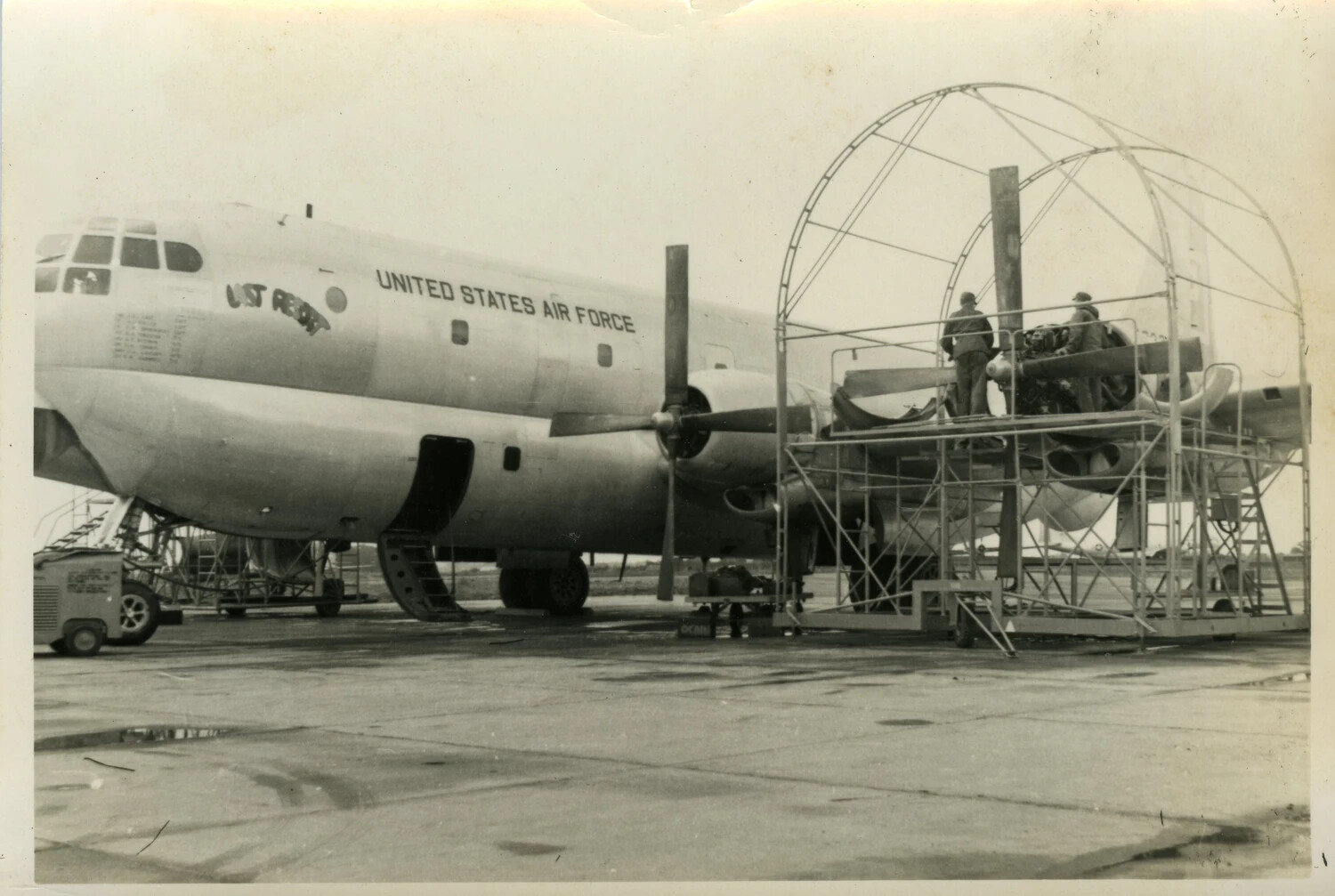 Boeing B-50 Superfortress Undergoing Engine Maintenance on USAF Ramp, Early 1950s