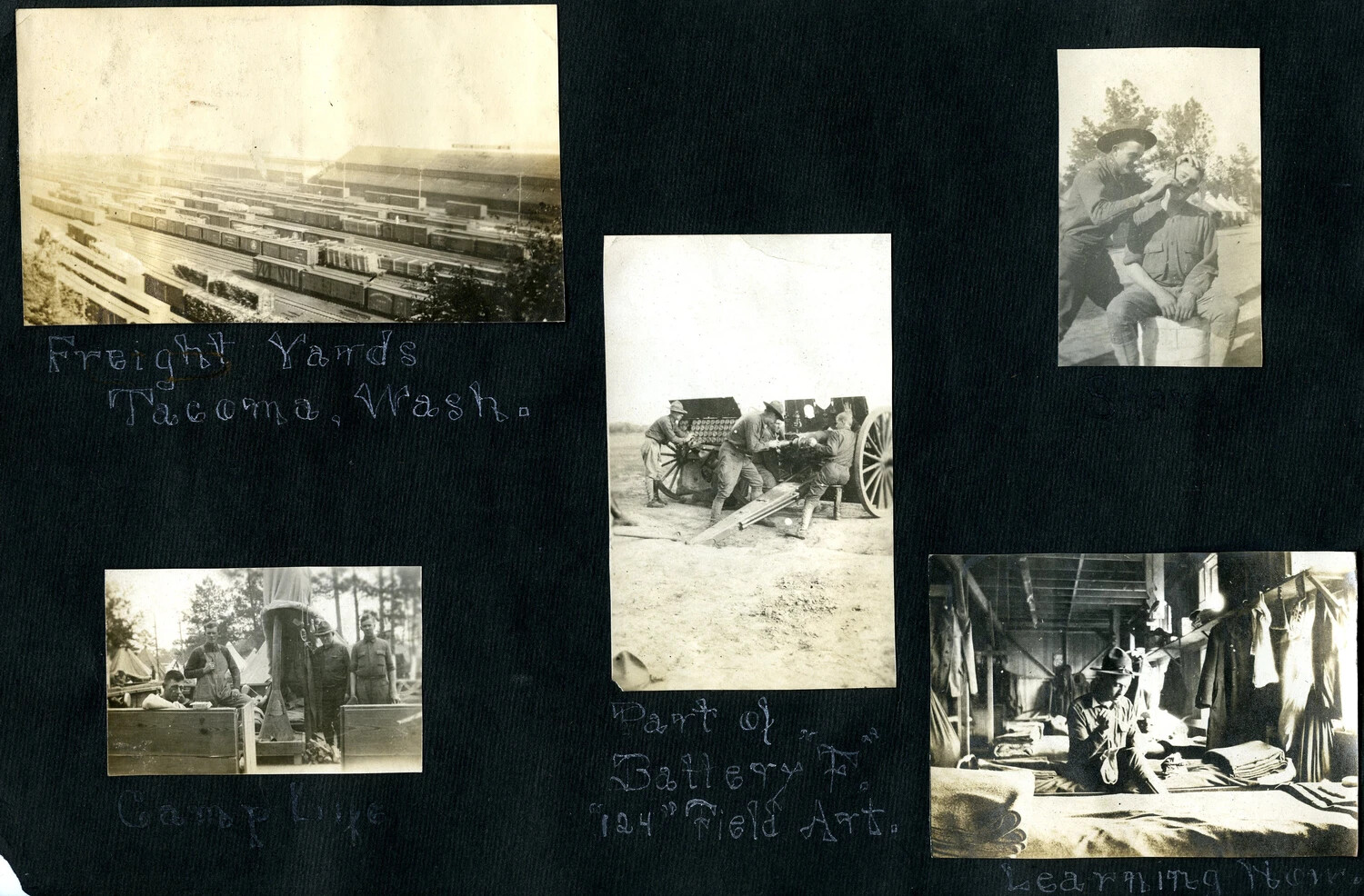 Album Page: Five Captioned Photographs of Camp Life and Battery F, 124th Field Artillery, WWI