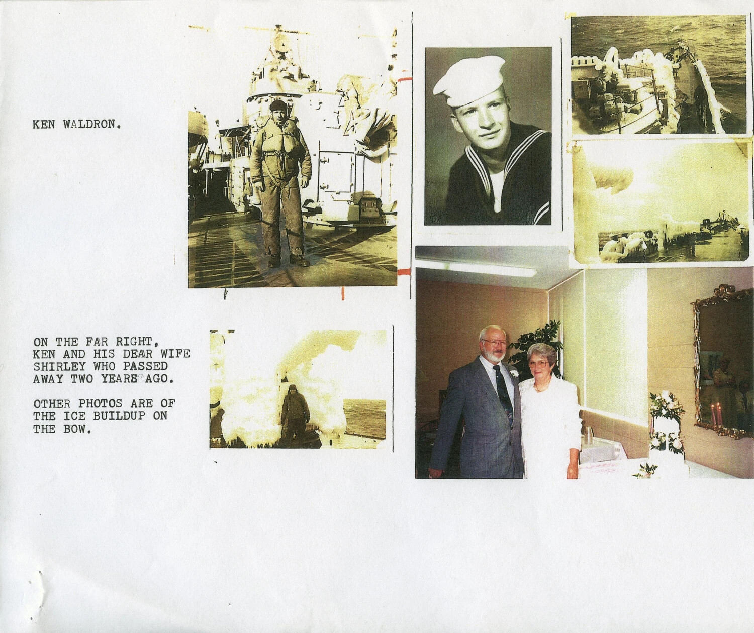 Memorial Scrapbook Page: Ken Waldron, US Navy, Ice-Covered Ship Deck Photos