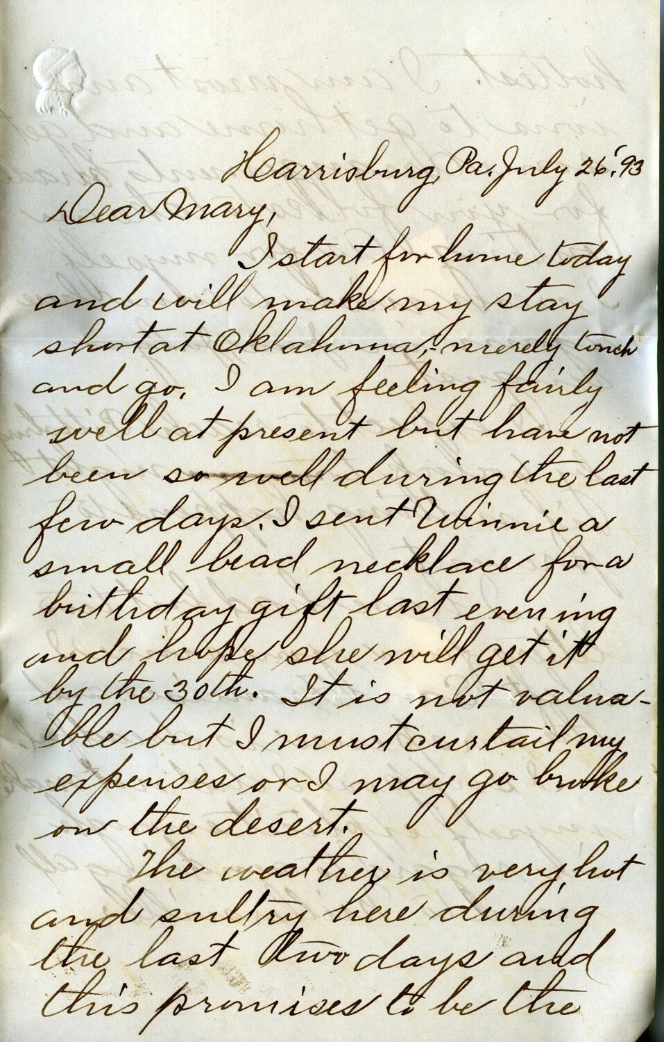 Handwritten Letter from J. A. Wagener to 'Mary,' Harrisburg, Pennsylvania, July 26, 1903