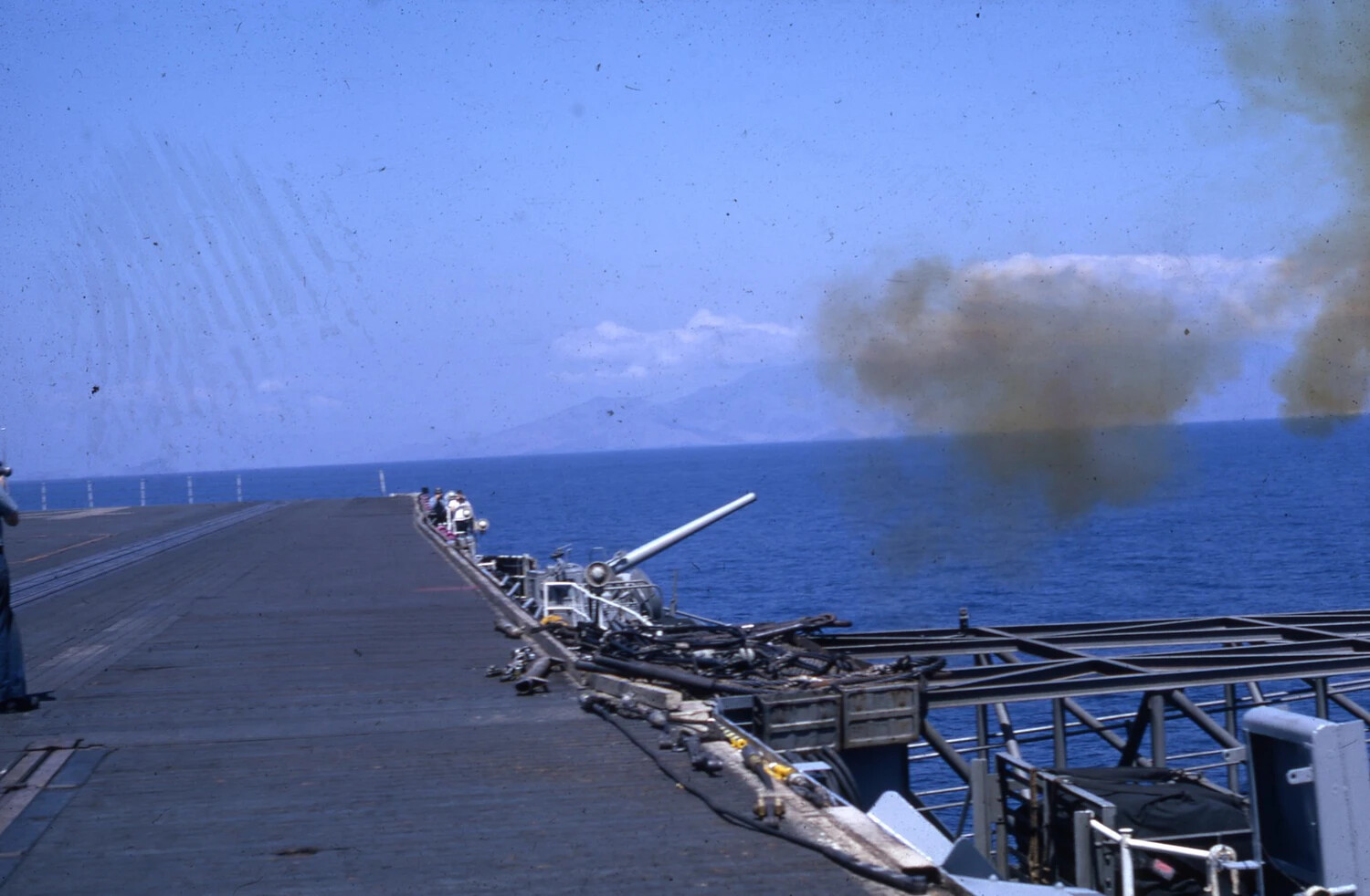 5-Inch Gun Firing from USS Ticonderoga Flight Deck, Vietnam War Era