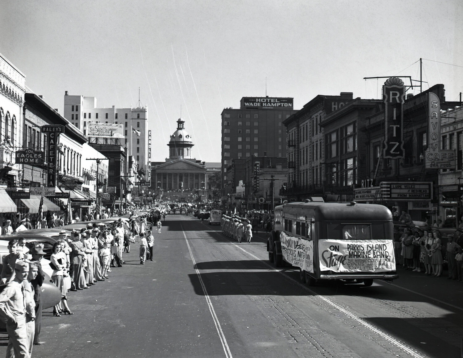 Marine Parade and Parris Island Marine Band Promotional Bus, Main Street, Columbia, South Carolina, WWII Era (circa 1943)