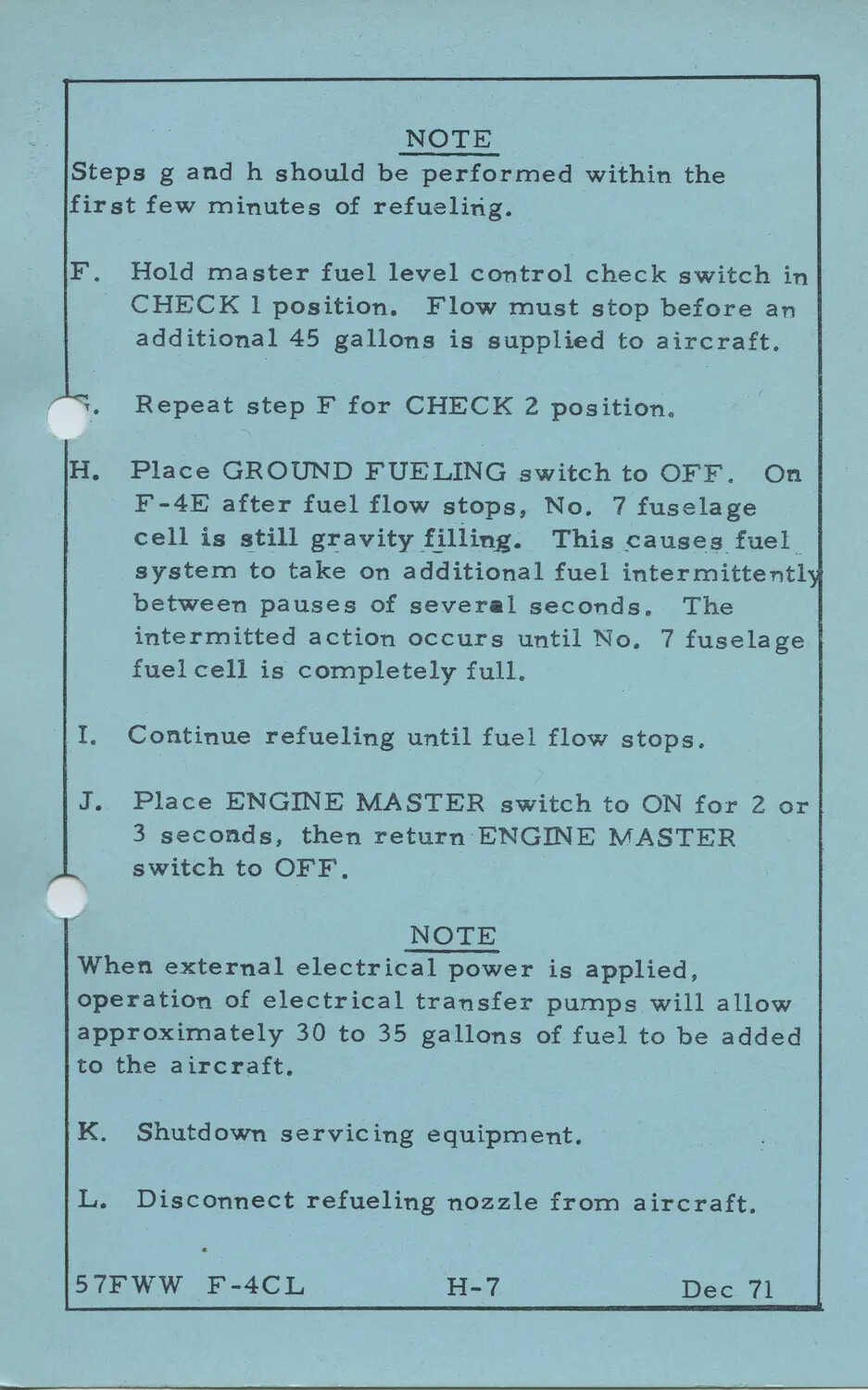 57th Fighter Weapons Wing F-4C/L Ground Refueling Checklist Card, Page H-7, December 1971