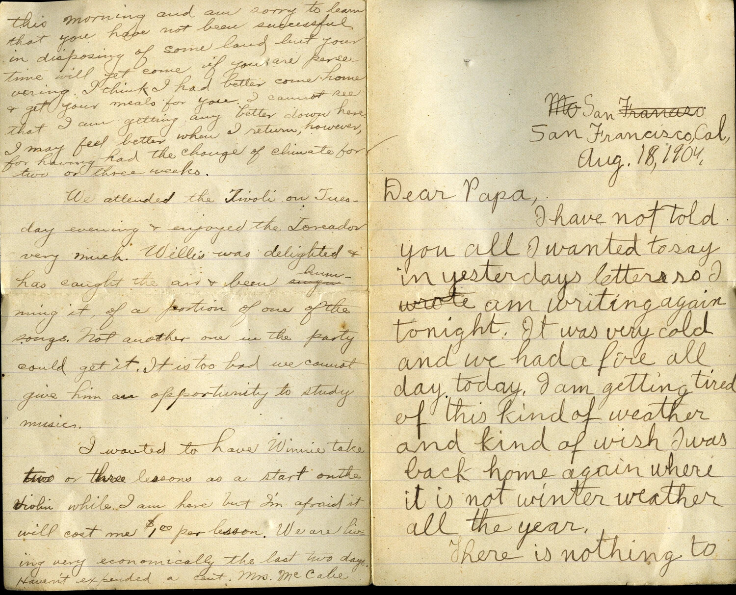 Family Letter to 'Papa,' San Francisco, August 18, 1904
