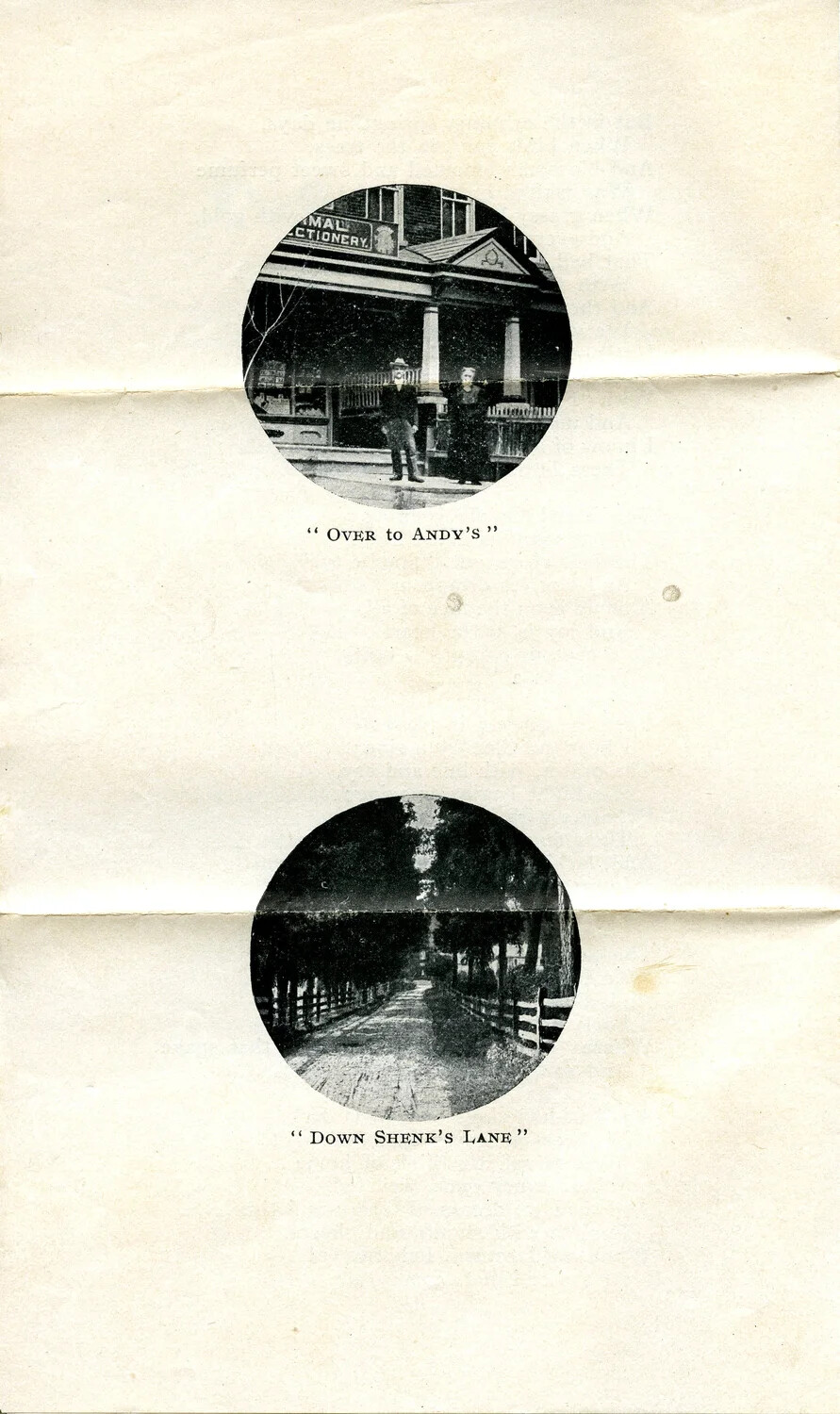 Illustrated Booklet Page with Circular Photo Vignettes: 'Over to Andy's' and 'Down Shenk's Lane'