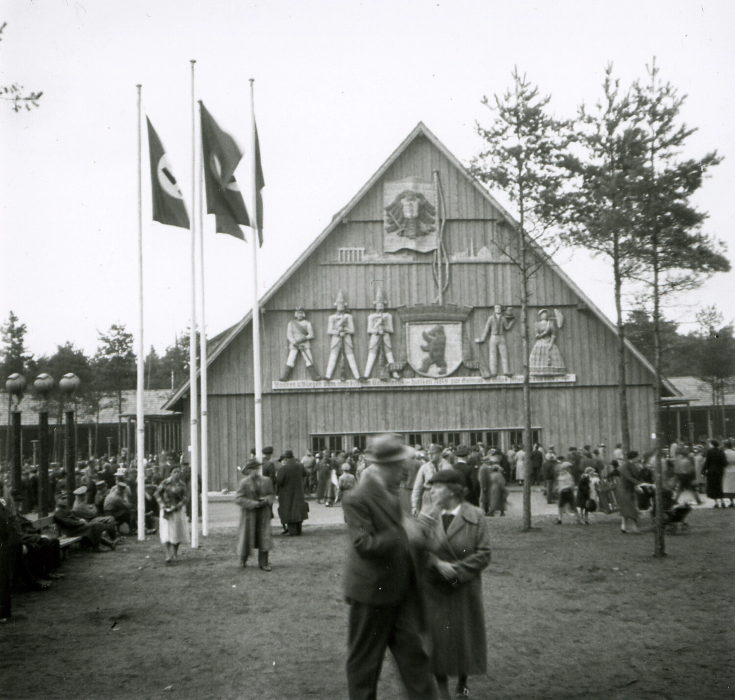 Crowd Before a Decorated Exhibition Hall with Folk-Art Gable, Nuremberg, Germany, WWII Era