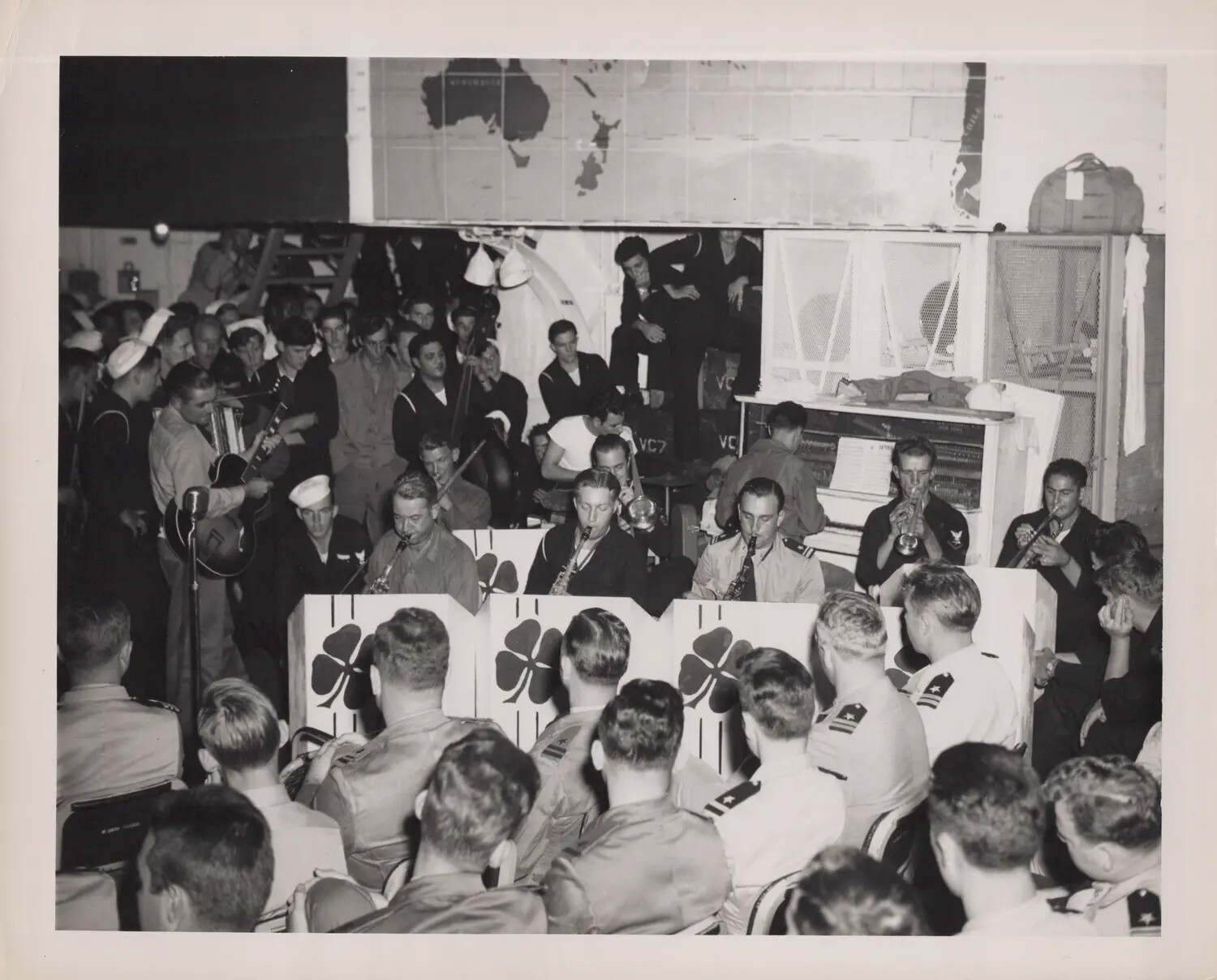 Hangar Deck Concert Aboard a U.S. Navy Escort Carrier, World War II, Pacific Theater