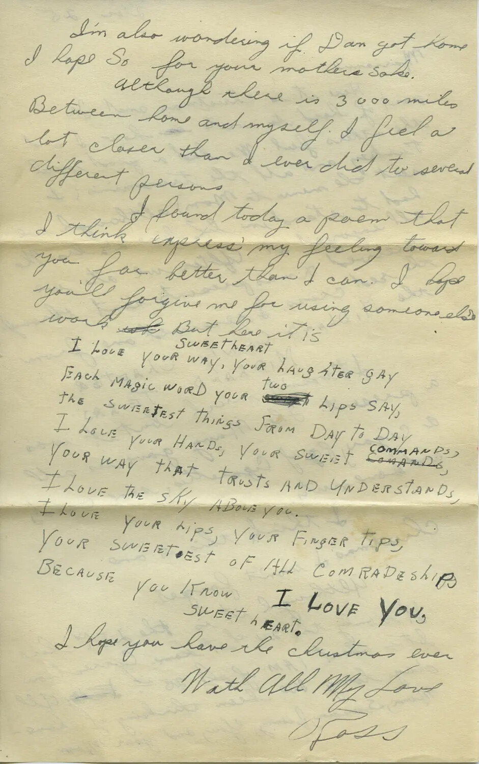 Handwritten Love Letter Page Signed 'Foss,' Moon Sammiet WWII Letters Collection