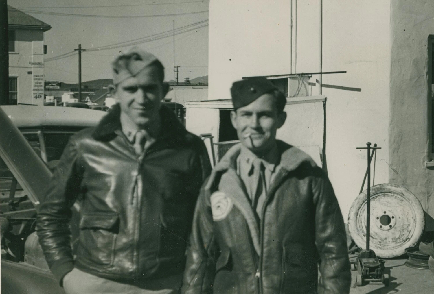 Two Airmen in A-2 Flight Jackets at an Airfield, Pat McAleer Collection, WWII Era